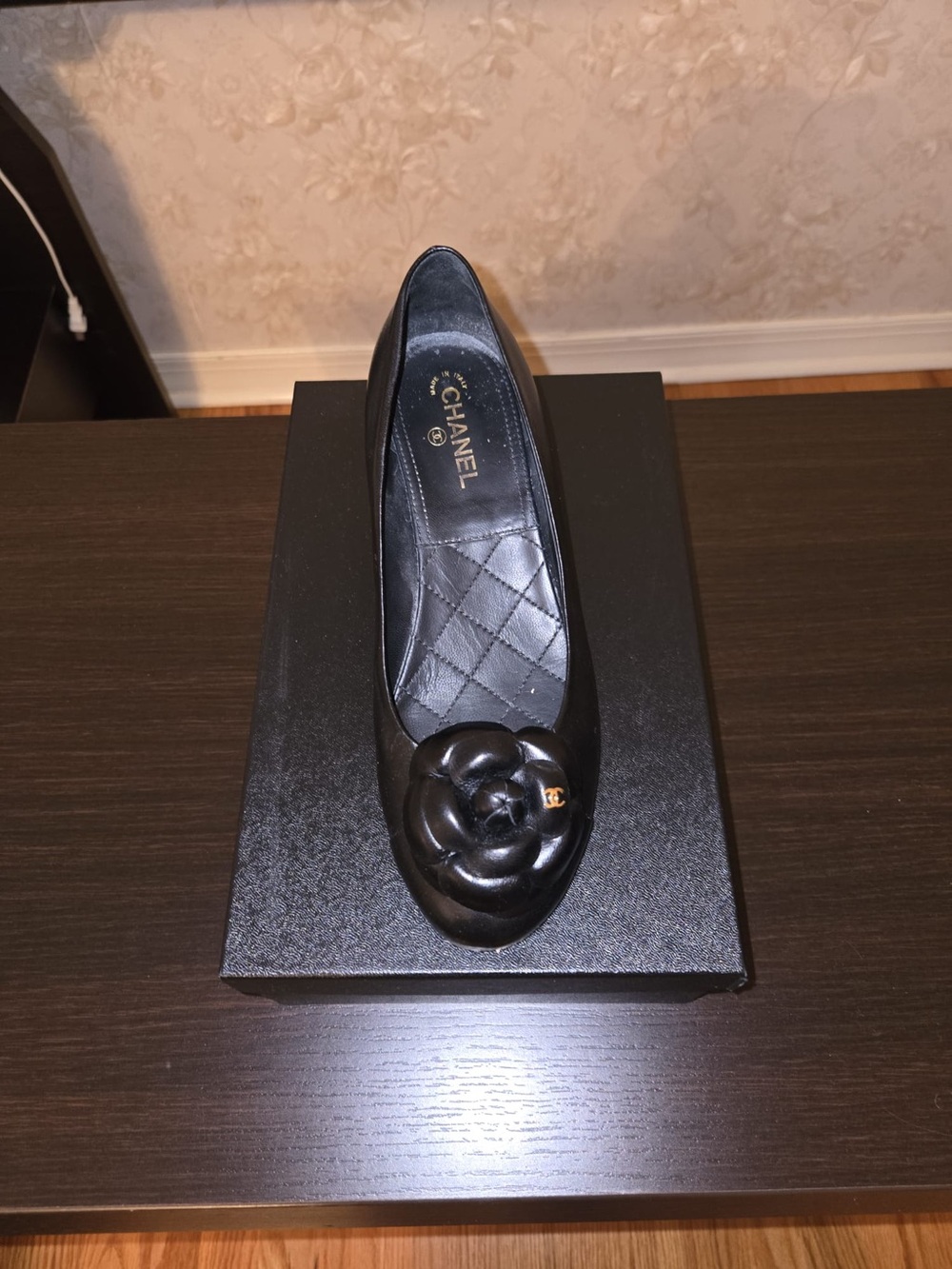 CHANEL Black Leather Camellia Ballet Flat with Gold CC Accent